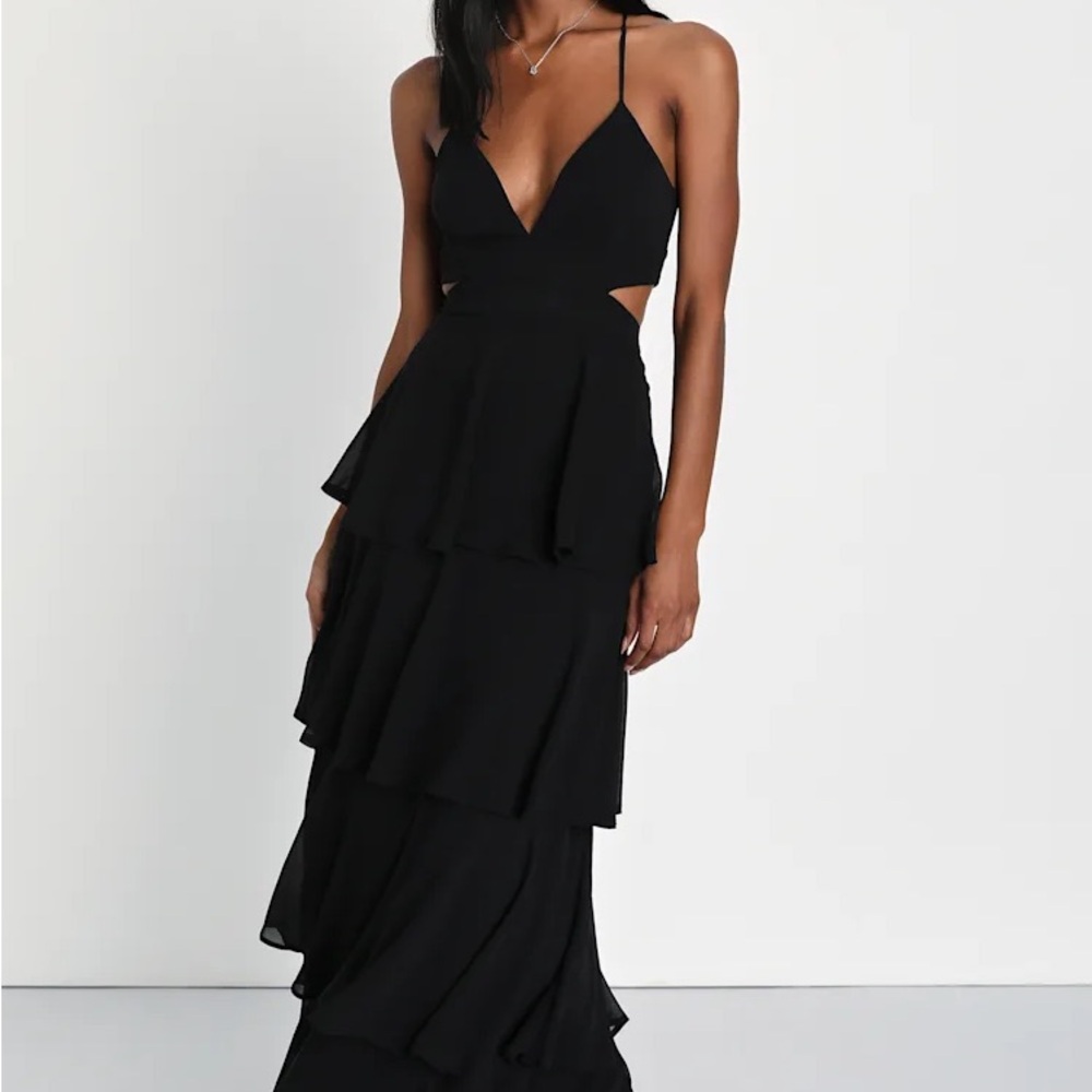Tier and Now Black Tie-Back Tiered Maxi Dress Lulus NWT